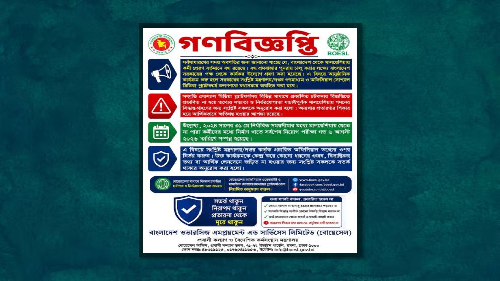 মালয়েশিয়ায় কর্মী নিয়োগে প্রতারণা নিয়ে সতর্ক করল বোয়েসেল